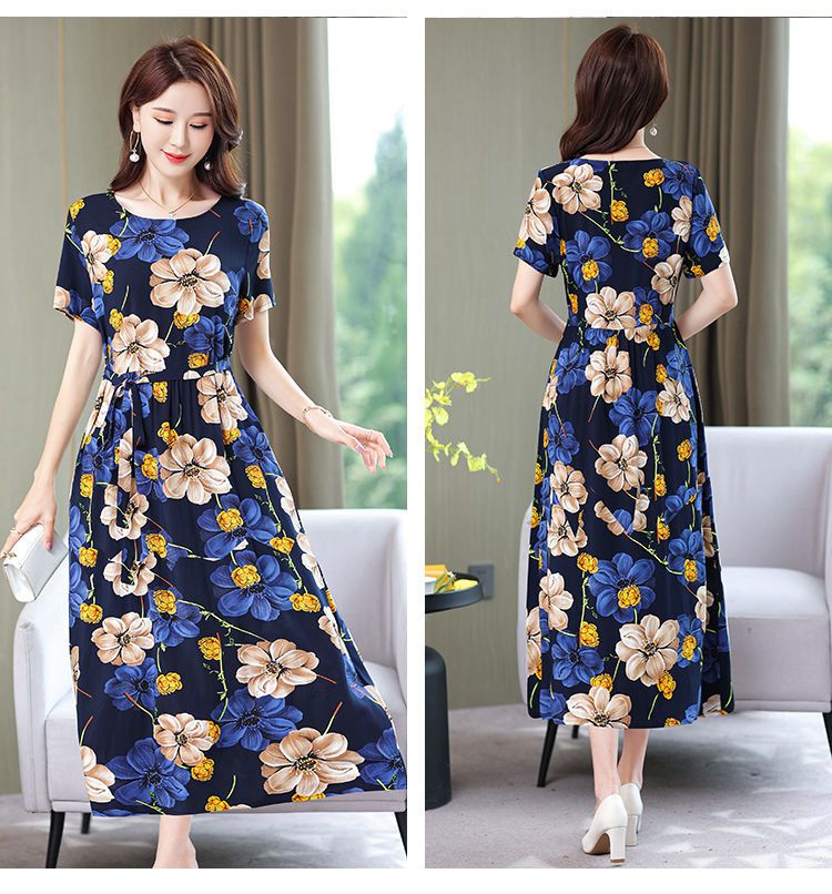 夏装棉绸连衣裙碎花纯棉长裙中老年女短袖人造棉绵绸裙绿底蝴蝶xl建议