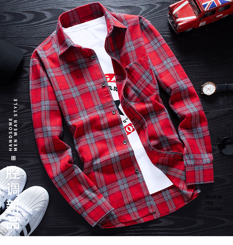 程序员格子衬衫春季格子长袖衬衫男士韩版修身休闲薄款衬衣潮流男装学