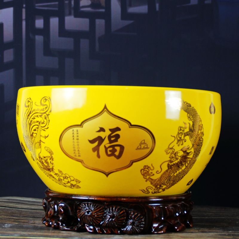 景德镇陶瓷聚宝盆中国风龙凤红色花盆聚宝盆陶瓷进宝创意家用碗莲水培