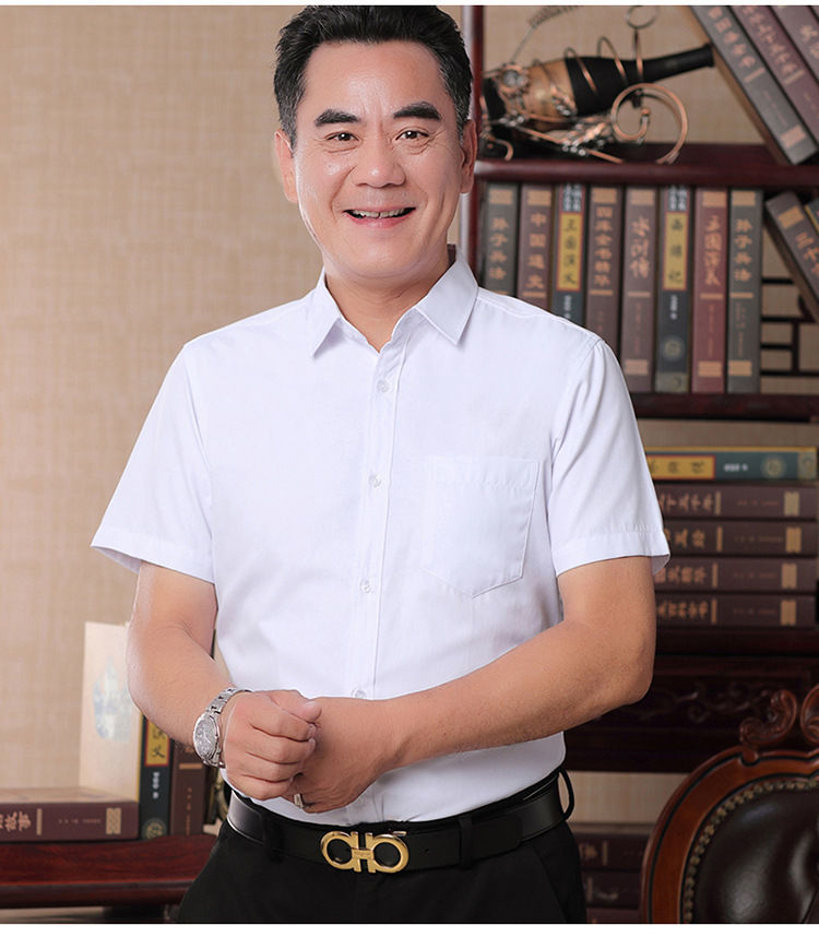 夏季中老年人男士衬衫宽松短袖中年爸爸装衬衣大码白色薄衬衫父白色带