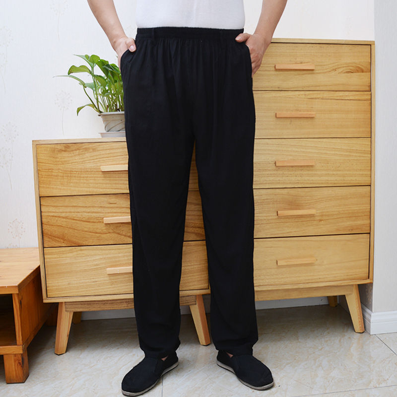 中老年男士棉绸裤子夏季老年人纯色绵绸男女通用黑色人造棉长裤子仓梵