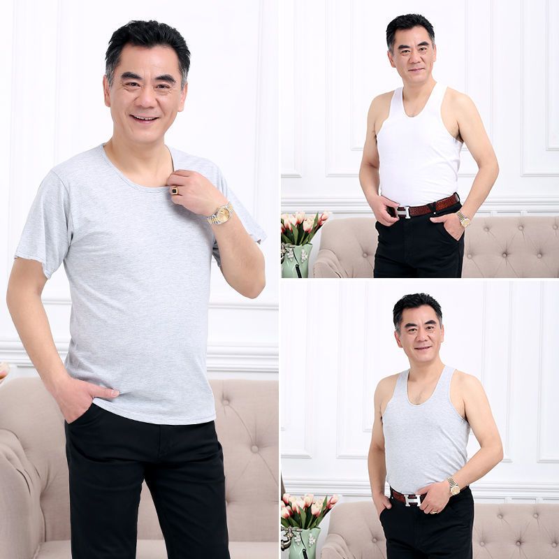 嘉轻老汉衫老头背心中老年人棉背心男士短袖爸爸打底内衣跨栏汗衫