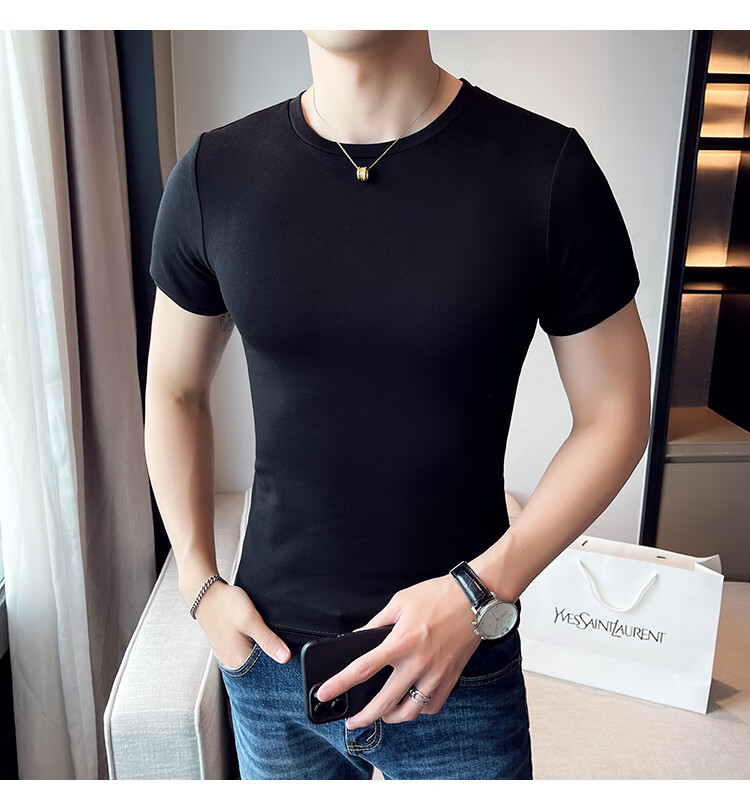 汉佳欧斯 紧身短袖男上衣夏季新款圆领t恤男帅气打底衫韩版潮流修身