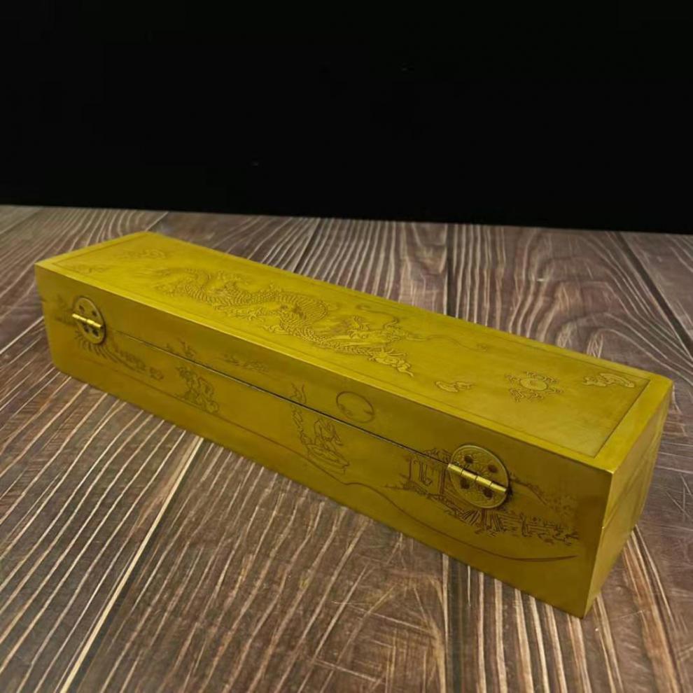 仿古纯铜刻画图案方盒首饰盒黄铜长条龙纹图案首饰盒书房装饰品 2款长