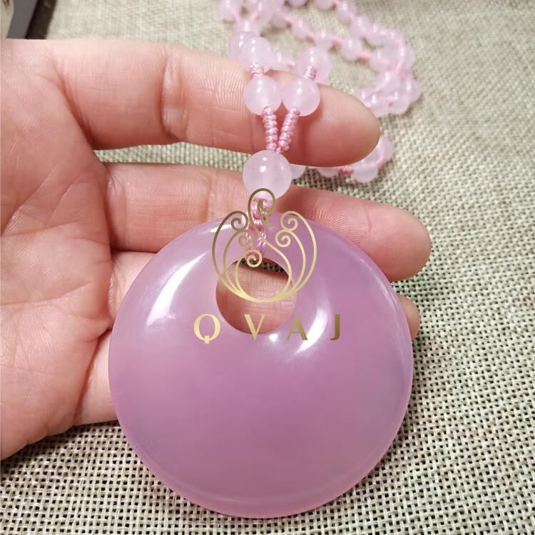 qvaj 天然芙蓉玉平安牌玉髓吊坠项链粉玛瑙挂件玉石平安扣毛衣链大气
