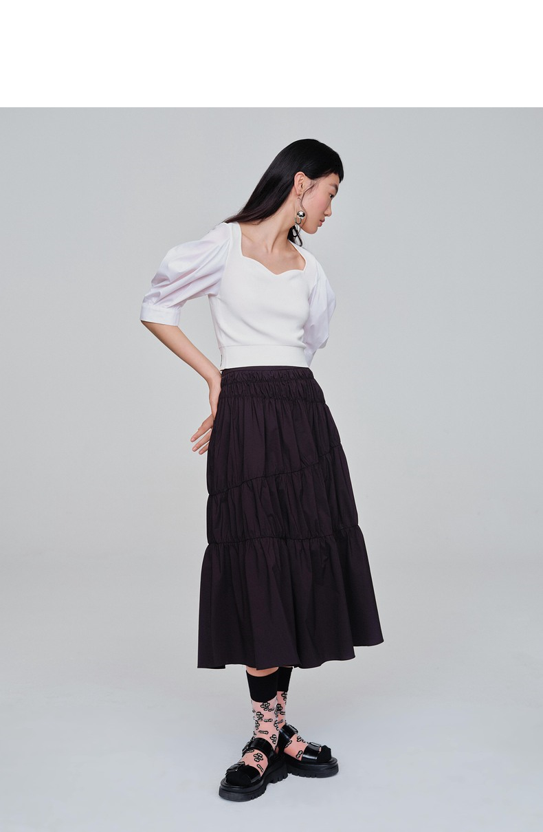 hs21夏装新款女装高腰设计感小众褶皱不规则黑色半身裙中长款裙子