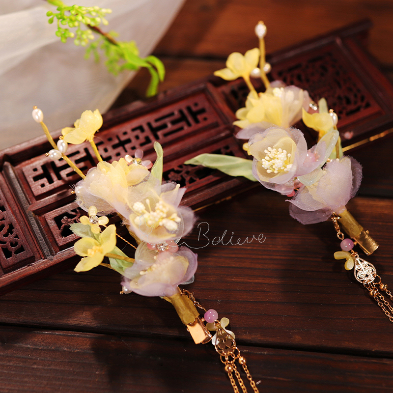 头饰中国风大人汉服女古风发饰套黄色绢花发夹古代仙气流苏步摇古装配