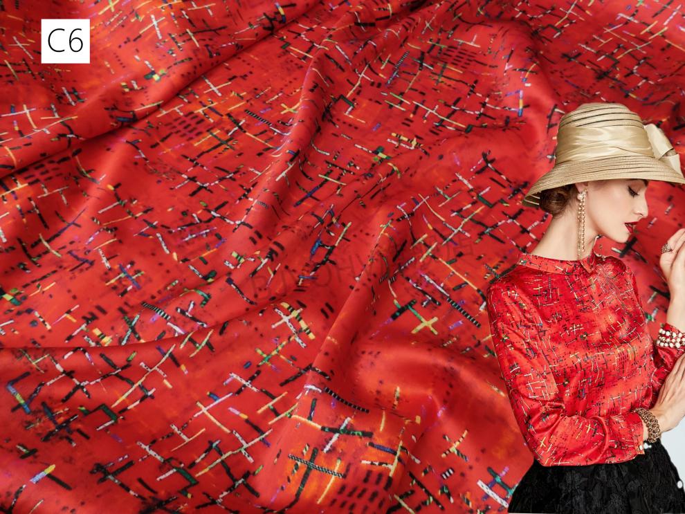 高档桑蚕丝面料西翼夏季高端重磅弹力缎布料印花丝绸印染连衣裙旗袍