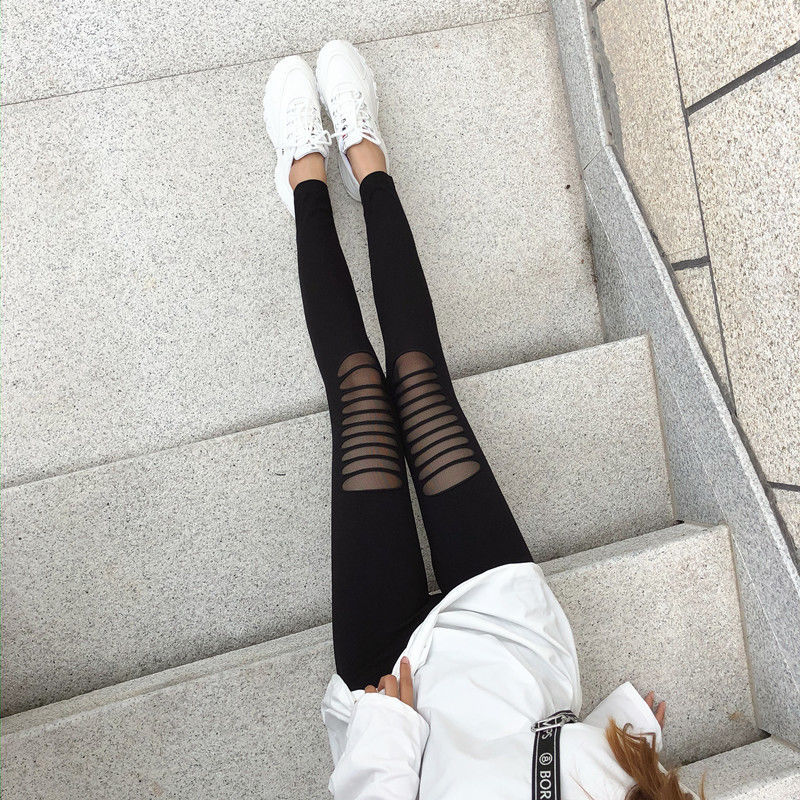 2021网红破洞渔网裤弹力修身九分裤外穿女高腰显瘦打底裤九分星星中码