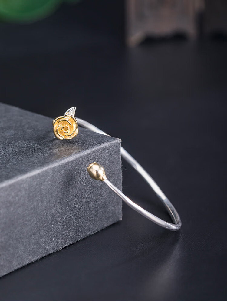 丹普s925银民族风设计感花朵手环女欧美个性玫瑰手镯银色925银