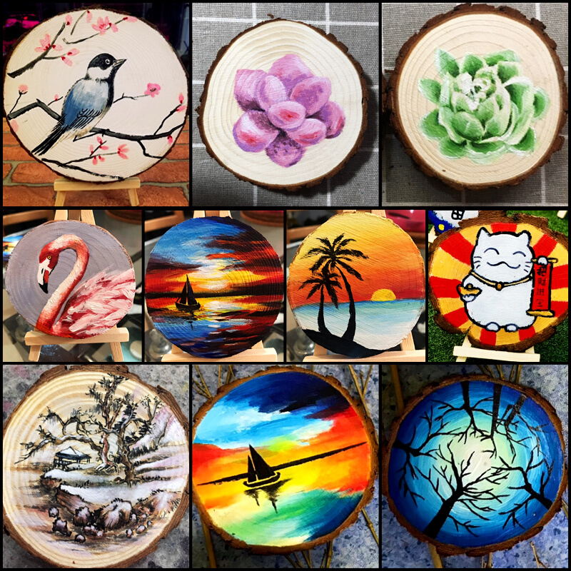 原木片年轮diy木头片装饰背景墙手绘画实木材料手工小圆木片 圆木片