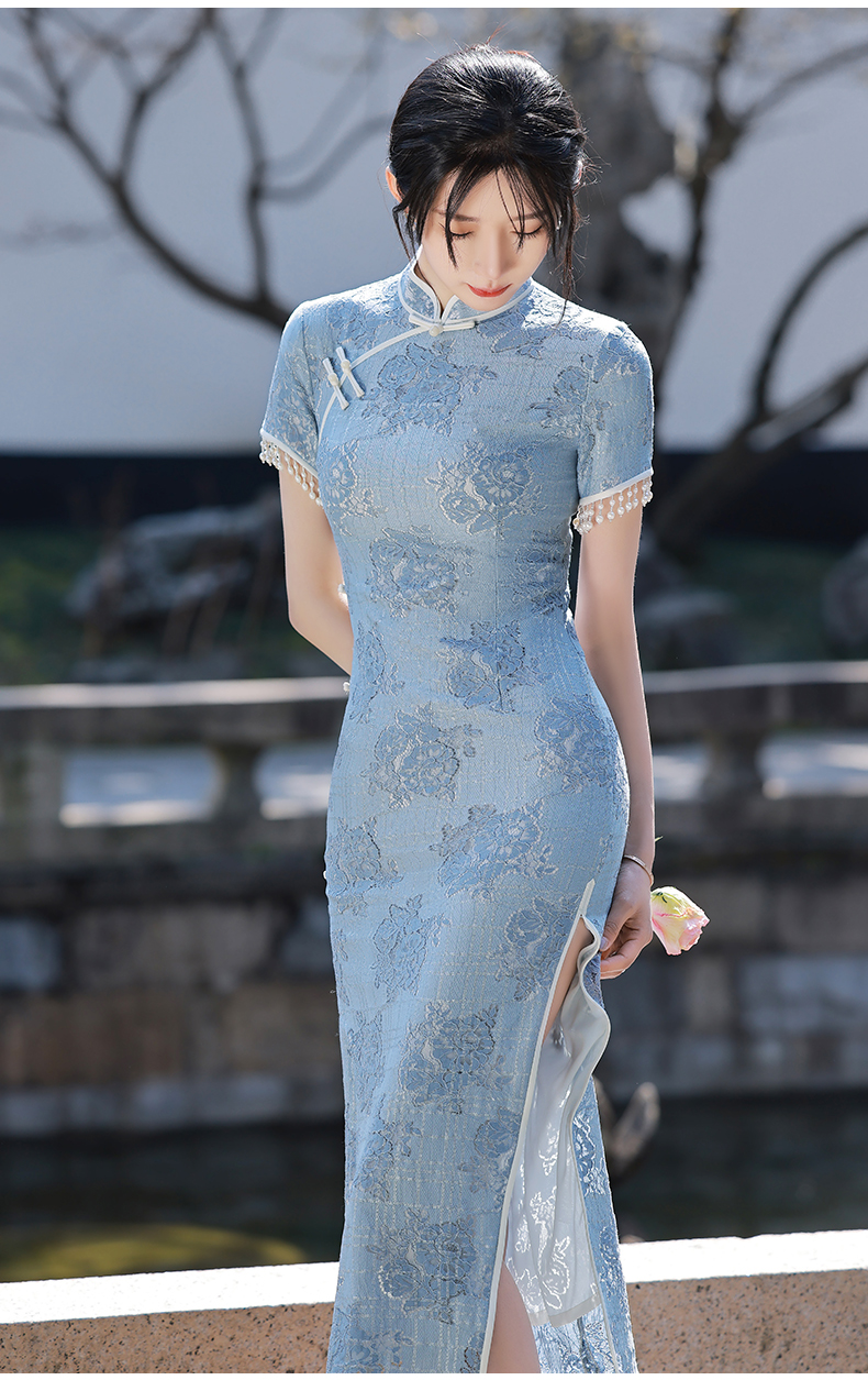 mlcriyg蓝色旗袍2022年新款复古中国风年轻款夏季改良版性感少女流苏