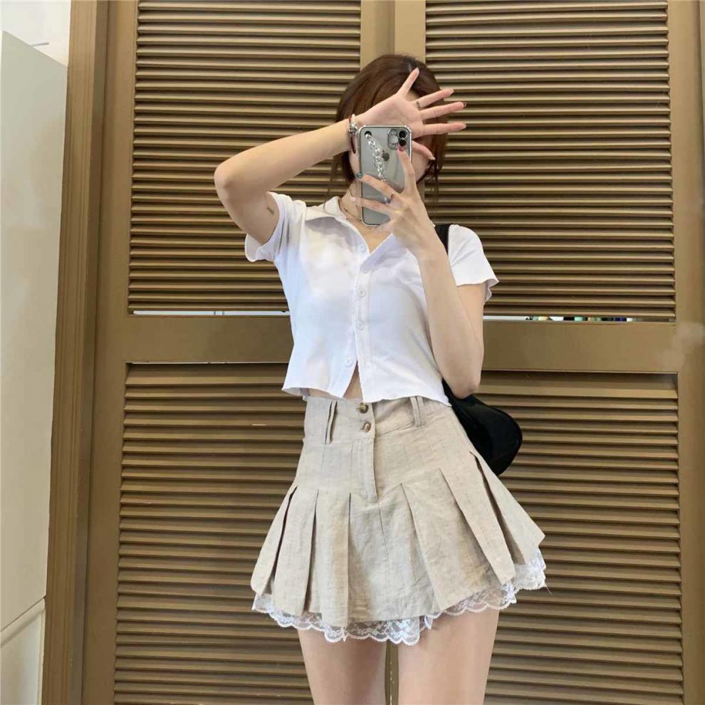浅馥韩系辣妹polo领开衫短袖t恤设计感棉麻蕾丝拼接百褶短裙两装卡其
