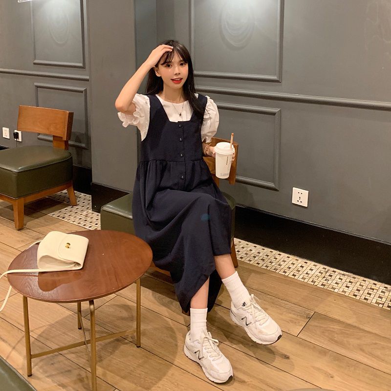 青夏少女社会女生胖妹妹日系公主裙长裙大码学院风泡泡袖宽松甜美森系