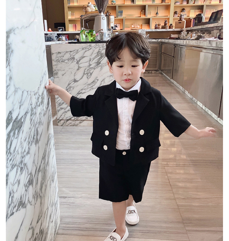 花童礼服男夏天儿童西装套装童夏季韩版宝宝小孩短袖西服演出服黑色