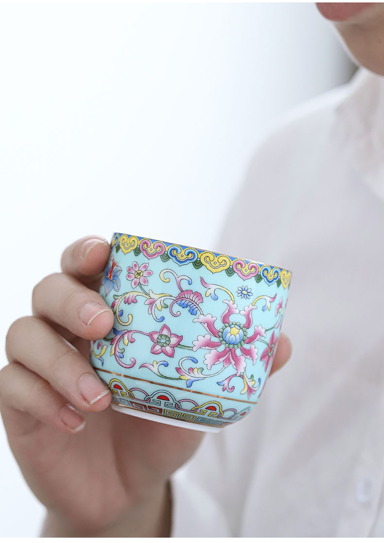 茶具单杯品茗杯大号中式古典水杯办公室高端茶杯缠枝莲花尚品杯天蓝