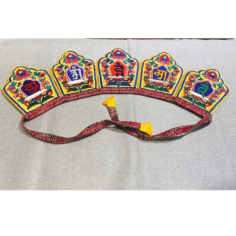 佛教密宗尼泊尔工艺五佛冠绣片五冠帽布艺法师灌顶帽僧帽居家摆件红色