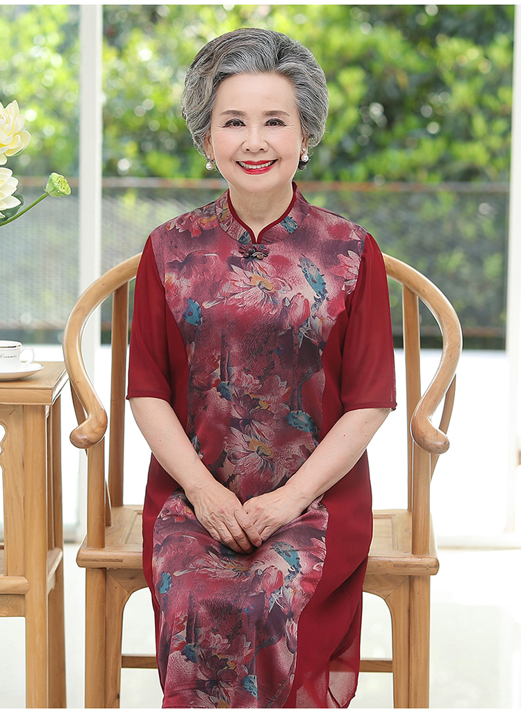 夏款老年人夏装女过膝旗袍60岁70奶奶中长款裙子老太太妈妈真丝连衣裙