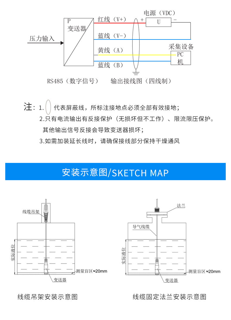 定製投入式液位變送器傳感器靜壓式探頭420ma水位控制消防水箱水位計