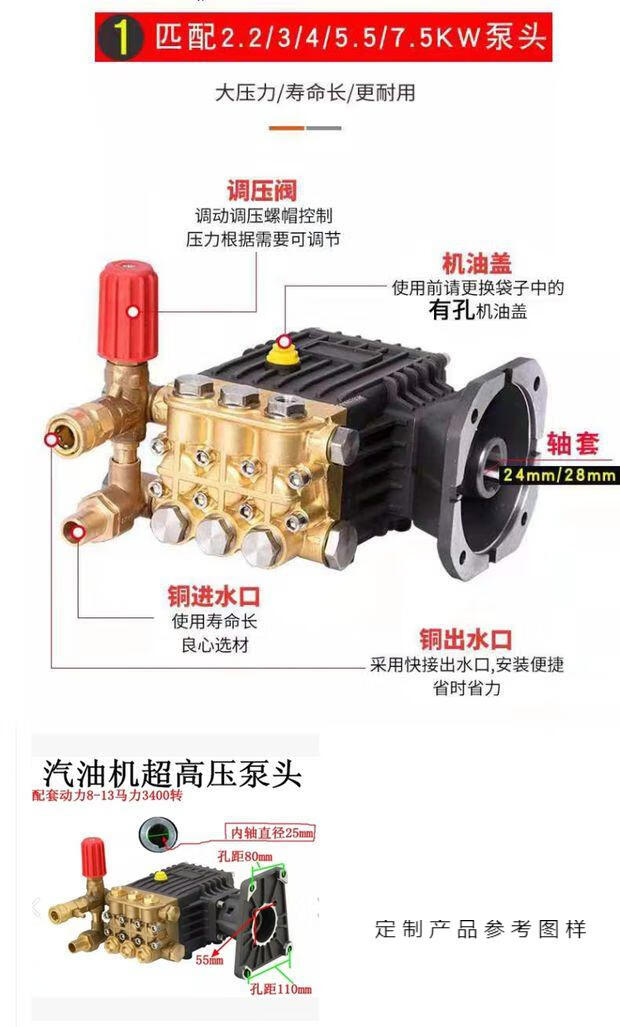 超高压清洗机陶瓷柱塞泵大功率柴油汽油机洗车机头喷雾打药总成, 黑色
