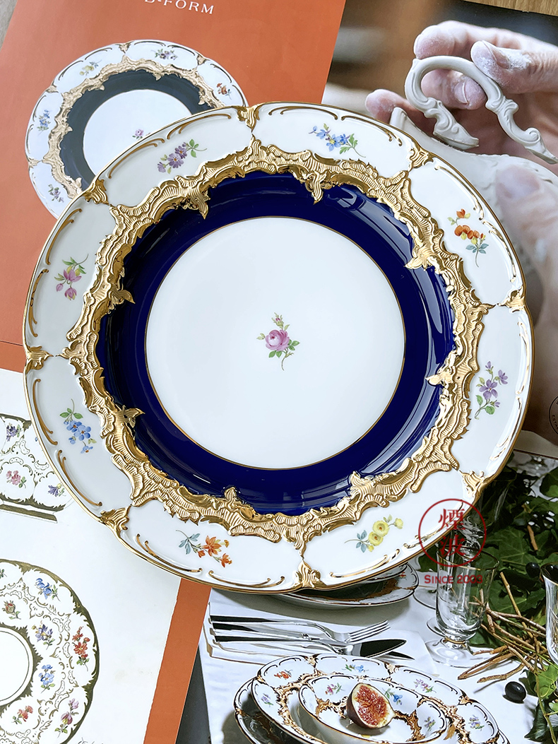 德国meissen梅森瓷器b-form系列蓝缤纷小花 描金餐盘浅盘28cm