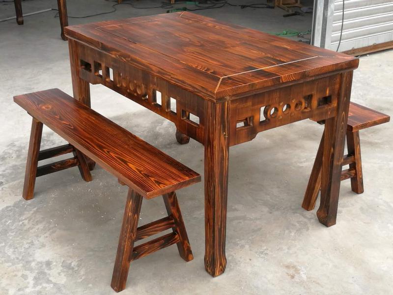 碳化木仿古镂花餐桌椅早餐店长条桌椅实木餐厅饭店农家乐桌凳组合款五