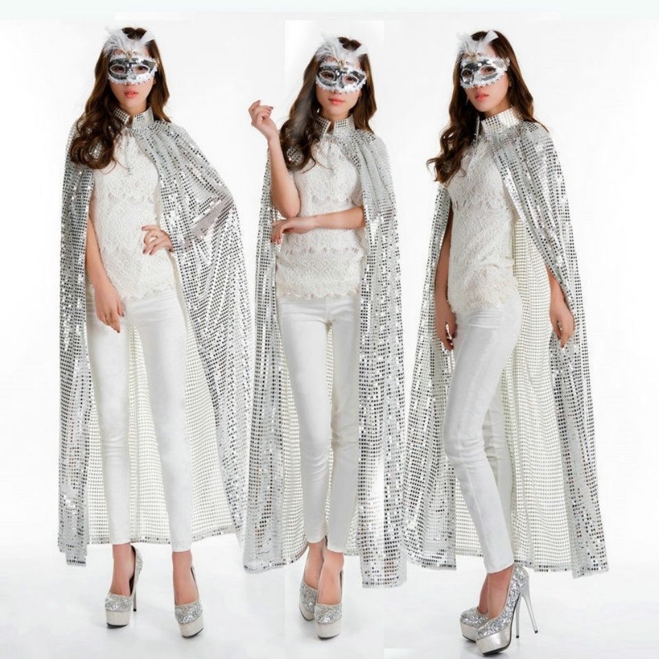 恋依小铺新品面纱女古代选美颁奖披风斗篷演出活动舞台袍子亮片披肩花