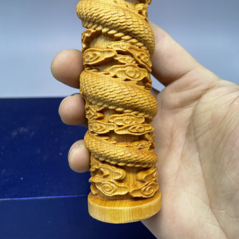 盘龙柱手把件崖柏木雕生肖龙工艺手把件盘龙柱手柄蟠龙客厅家居装饰小