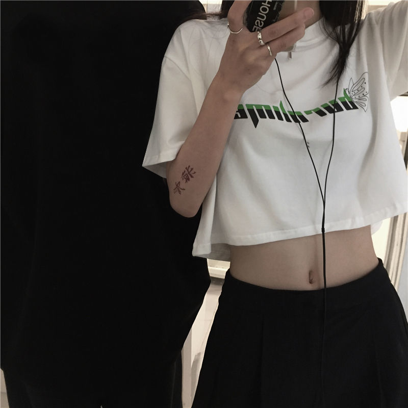 夏季个性休闲短袖女ins潮长短款t恤女露肚脐宽松bf风上衣黑色长款s