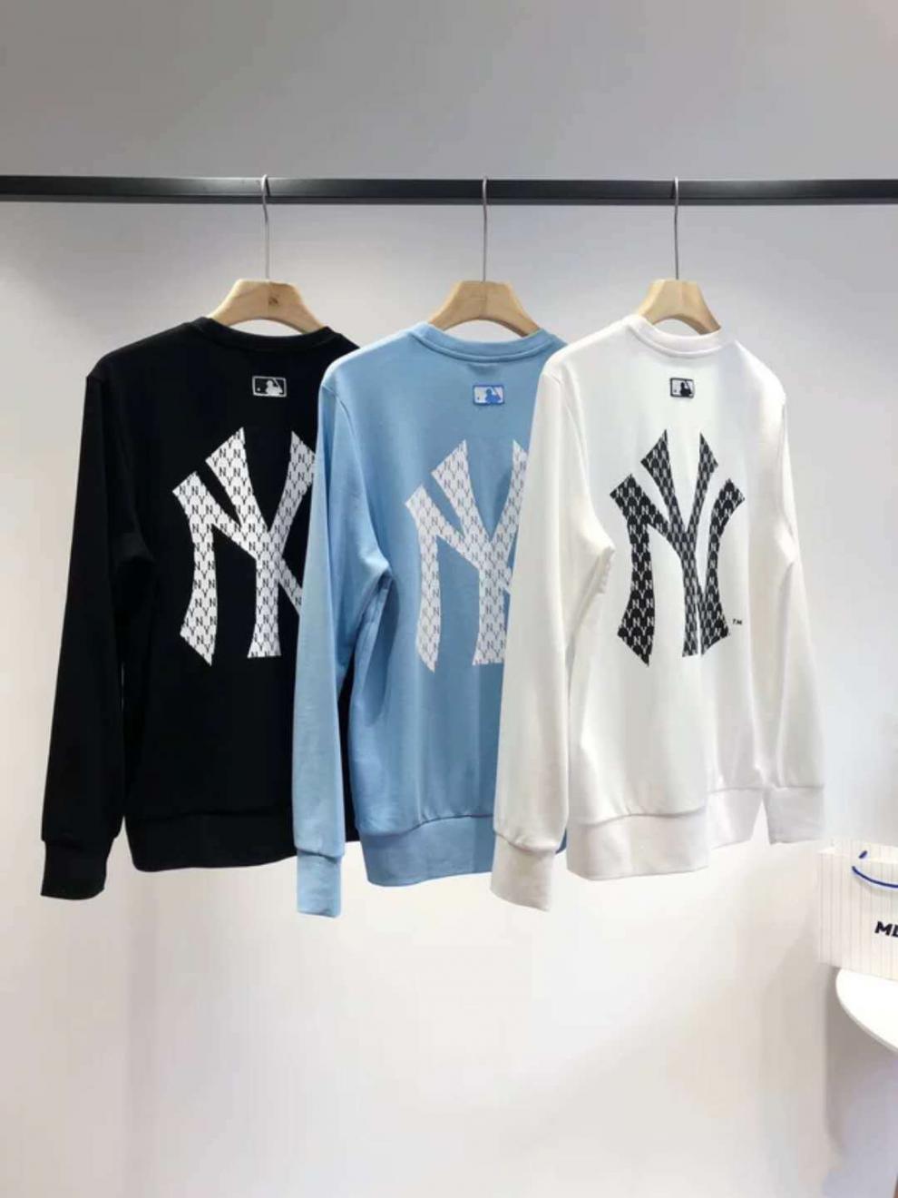 ny韩国卫衣男女款满标老花长袖秋冬宽松圆领套头上衣黑色mlbqug合作款