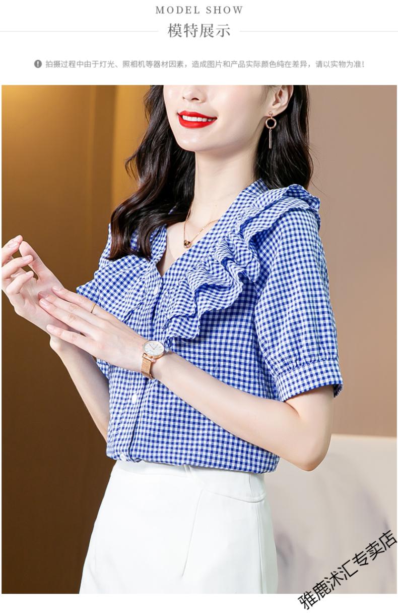 雅鹿雪纺衫女短袖格子雪纺衫短袖上衣夏装2022新款漂亮小衫洋气时尚女