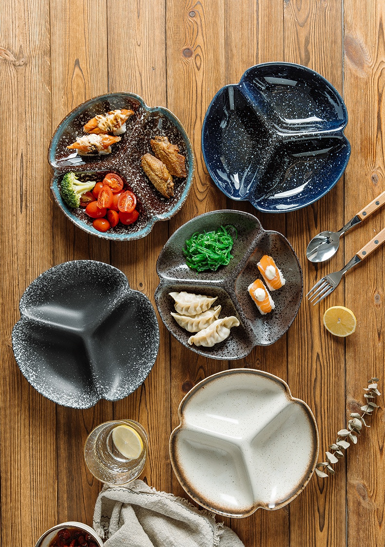 餐具分格盘家用早餐盘套装减脂餐盘陶瓷分餐制分隔盘子棕蓝三格盘套装