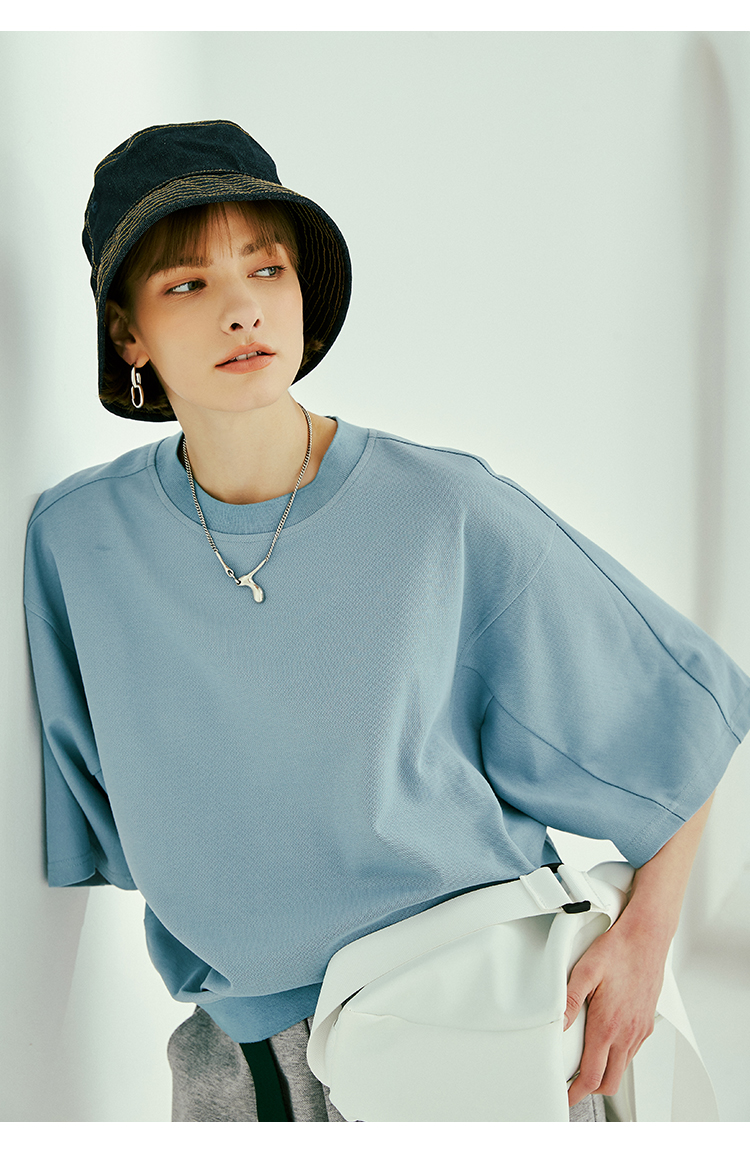 云上生活宽松五分袖上衣2021夏季新款短袖t恤女t5695x雾霾蓝m