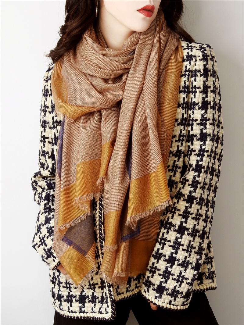 丰紫隅气质款山羊绒撞色千鸟格子围巾女春秋薄款秋冬新款 黄棕色