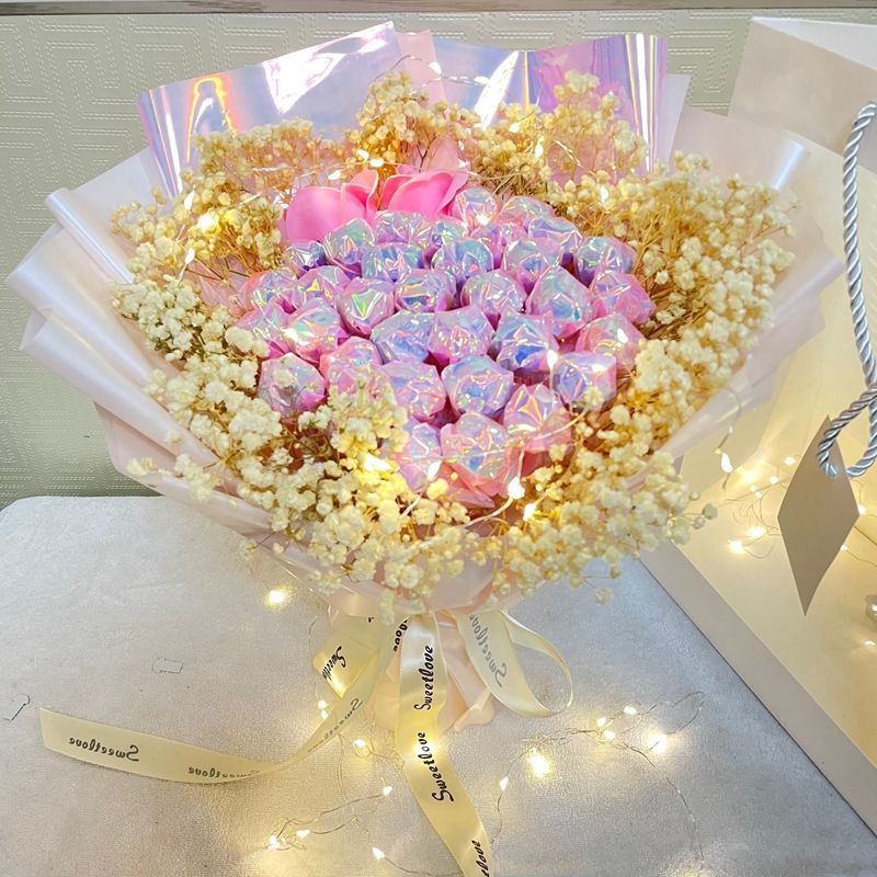 生日礼物女友闺蜜成品棒棒糖巧克力花束满天星干花年后发货蓝幻彩19糖