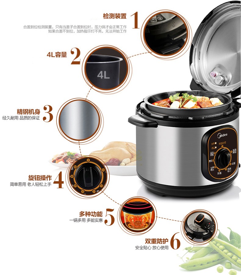 美的(midea)电压力锅4升 高压压力煲小型多功能 双重防护 压力锅 w12p