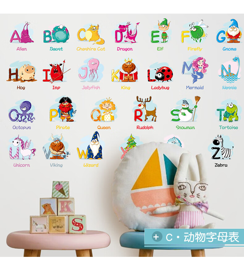 纤雅洁 儿童26个英文字母表宝宝墙贴面英语机构环创教室布置装饰早教