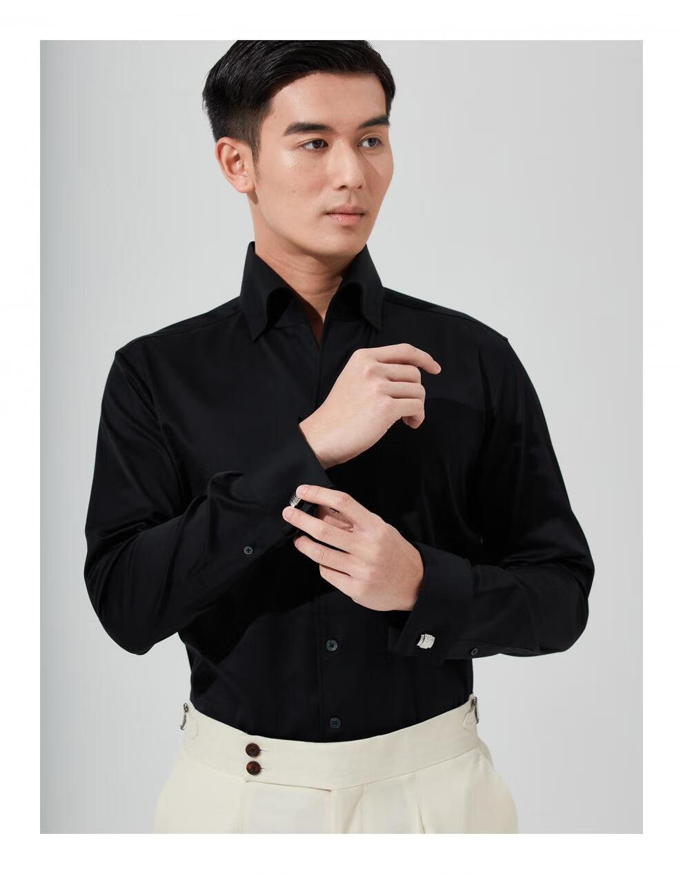 hany成衣免烫法式衬衫男意式一片领高端黑色小众正装男士袖扣衬衣特尔