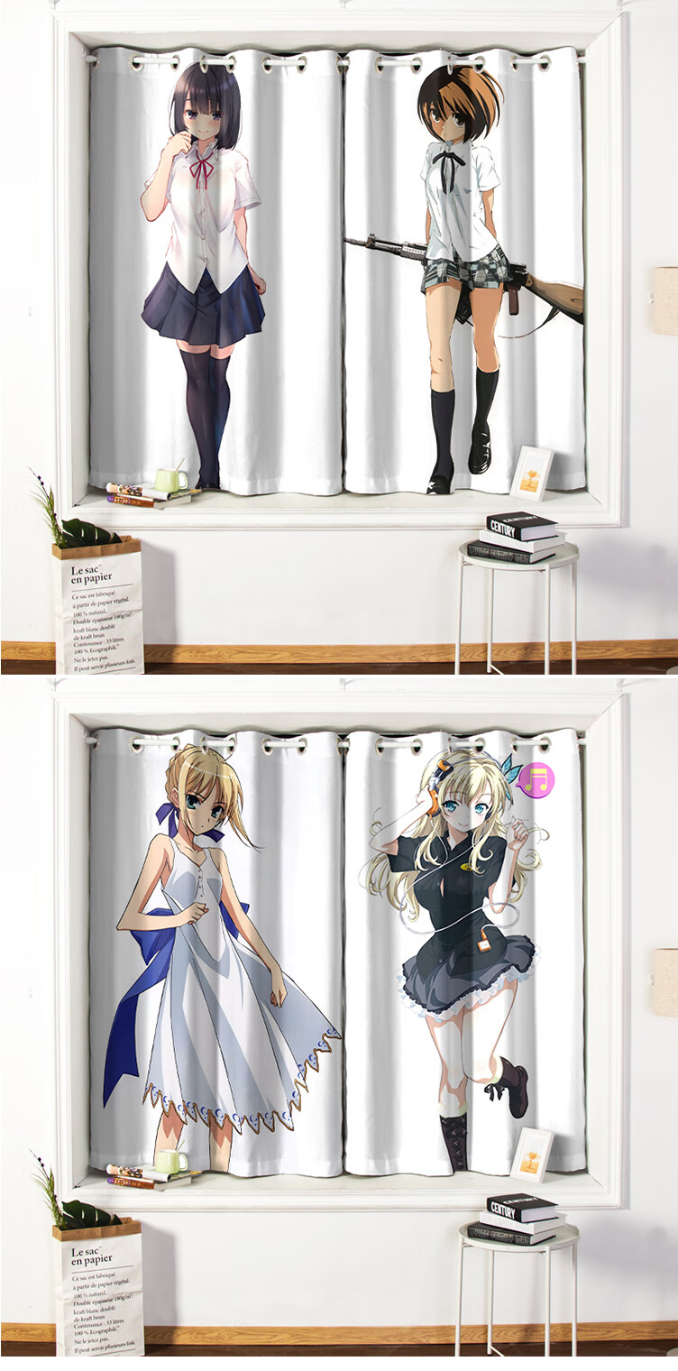 二次元动漫窗帘日式动漫二次元美女遮光窗帘卧室客厅免打孔飘窗小短帘