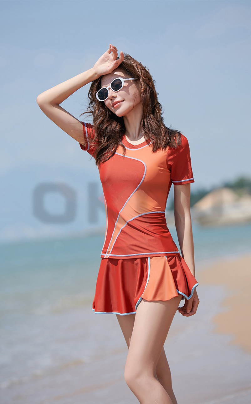 okoj品牌2022夏季新款保守泳衣女两件套分体遮肚时尚运动泳装 藏蓝色