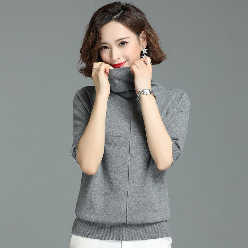 短袖2021夏新款宽松半袖上衣春秋季高领毛衣中袖打底针织衫 9001灰色