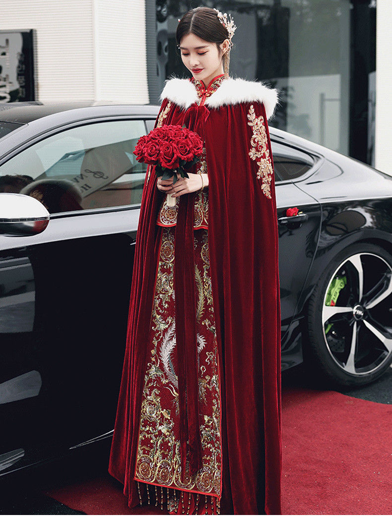 心墨染新品斗篷披肩新娘结婚秀禾服披风斗篷冬季女红色冬季丝绒加厚加