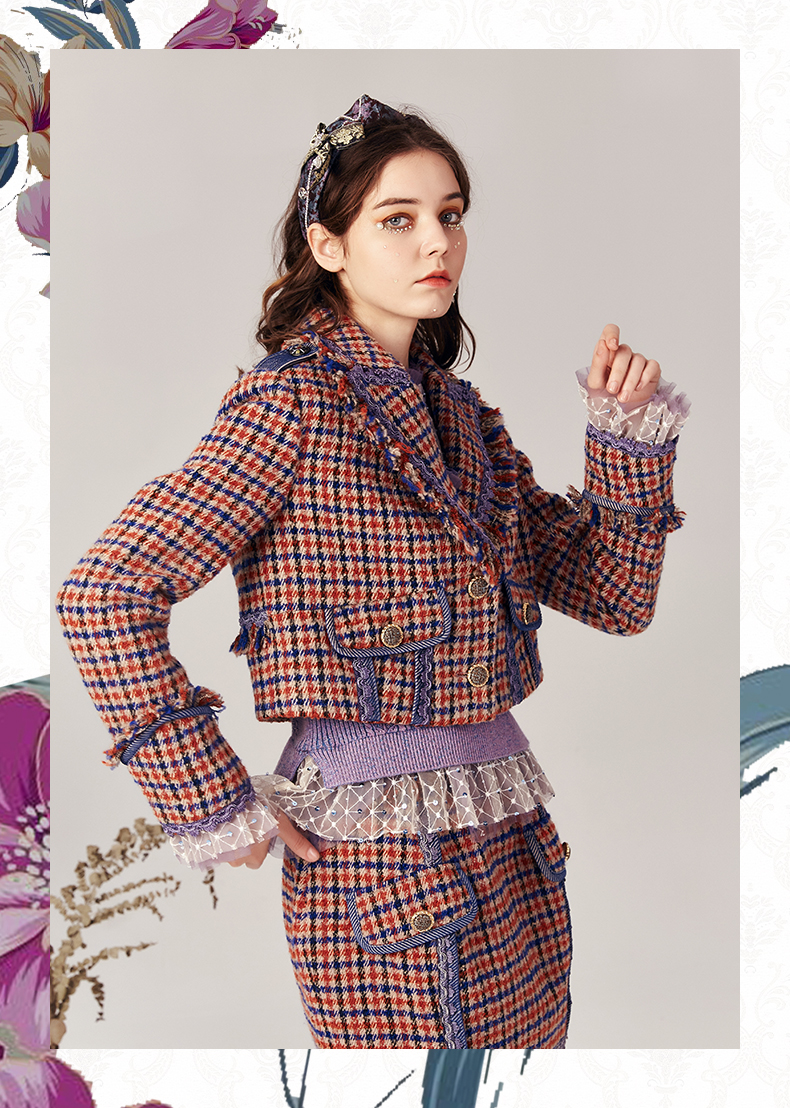 lulualways我爱露露法式小香风千鸟格花边毛须肩带短外套lld1151蓝色s