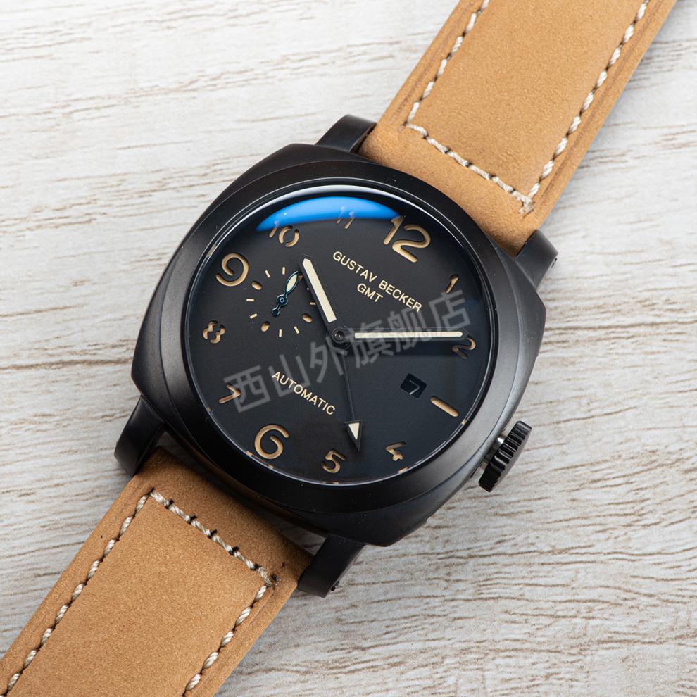 pam441夜光机械表全自动机芯男表防水疯马皮gmt硬汉大表盘手表杰霆 银