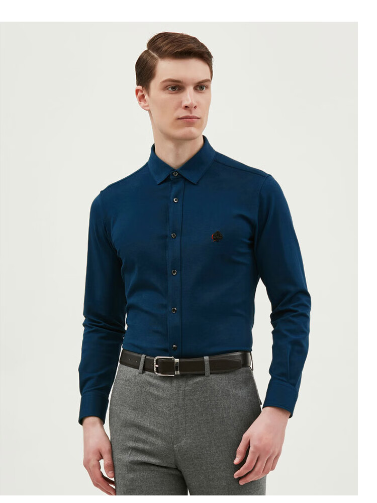 jodoll乔顿莱赛尔纤维衬衫男长袖墨绿色韩版修身商务休闲长袖衬衣绿色