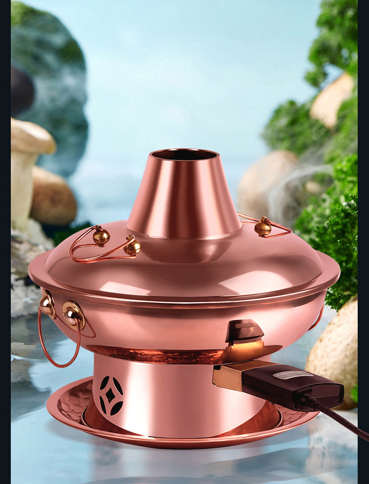 仙袋木炭插电家用纯铜铜锅特厚铜火锅纯紫铜电碳两用北京涮羊肉鸳鸯锅