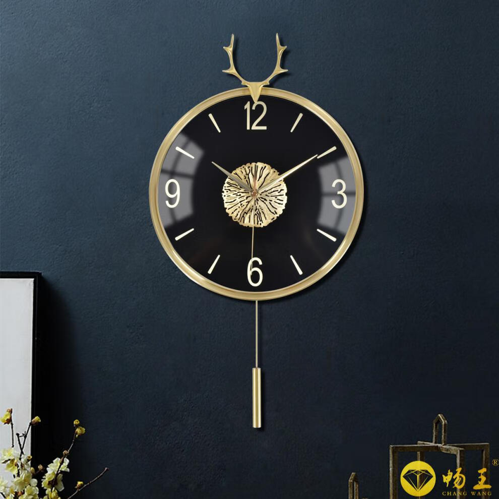 畅王鹿头全铜挂钟大号时钟复古纯铜摇摆挂墙钟新家软装欧式挂钟高档