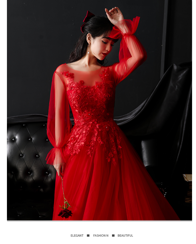 婚纱红色长款主婚纱2021新款新娘气质红色齐地礼服小个子法式大码拖尾