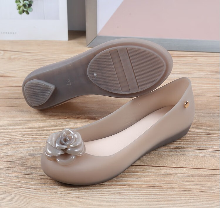 凉鞋中年妇女坡跟下雨天穿的凉鞋女式果冻鞋女平底塑料沙滩鞋透明花朵