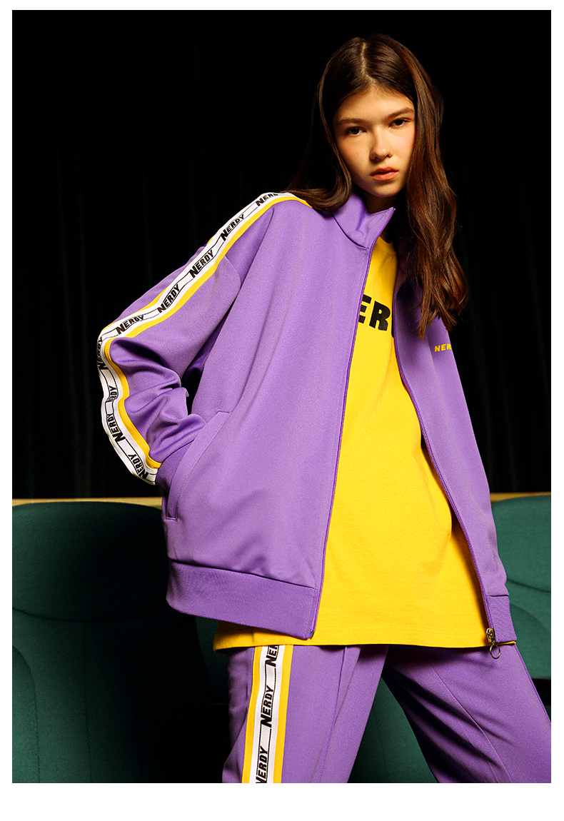 nerdy外套女秋新款logo印花双条杠紫色情侣宽松休闲运动服潮流套装
